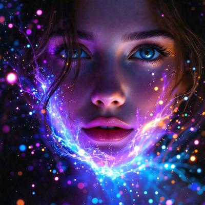 The primary subject of the image is a woman with blue eyes, who is the main focus of the scene. She is surrounded by a vibrant and colorful background, which includes a blue and purple hue. The visual style of the image is a digital art or illustration, with a focus on the woman's face and the surrounding environment. The colors and mood of the image are lively and energetic, with the woman's blue eyes standing out against the vivid background.